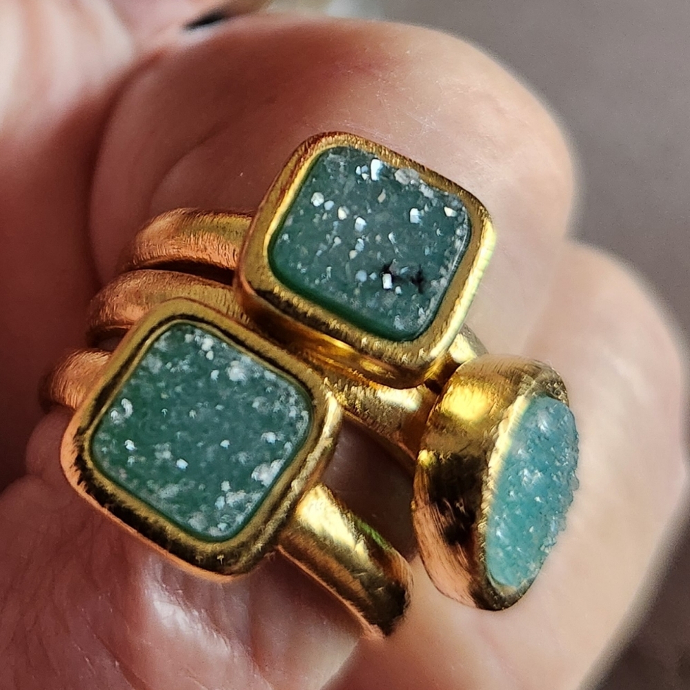 Druesy Bluegreen and Brushed Gold Stackable Ring Set